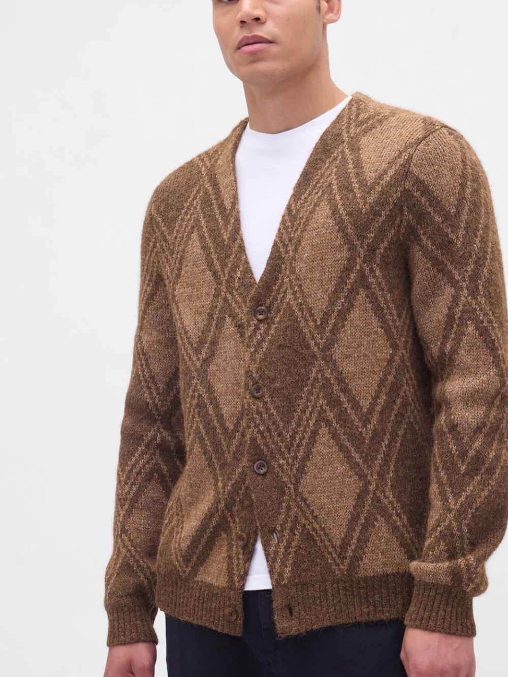 GAP Brown Argyle Button-Up V-Neck Brushed Cardigan L